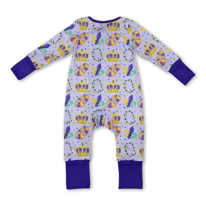 Purple ruffle crown donut girls Mardi Gras zipper romper