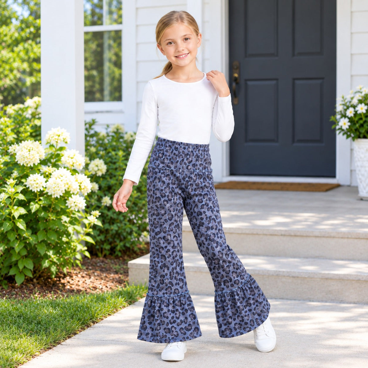 Black leopard patchwork kids girls fall pants