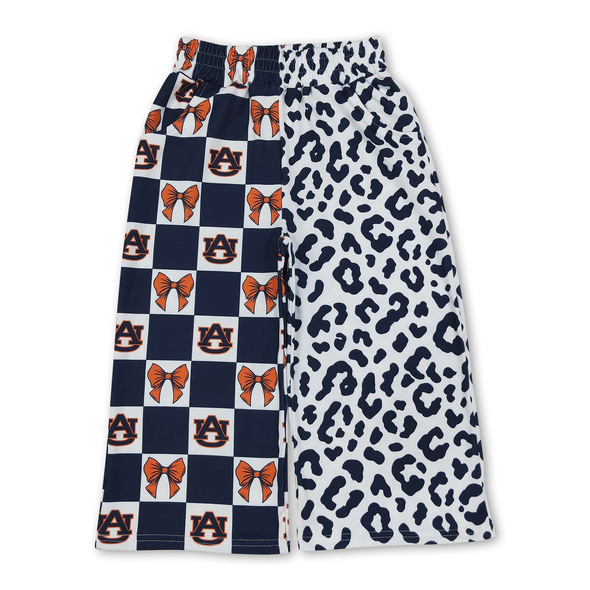A U navy bow plaid leopard kids girls team pants