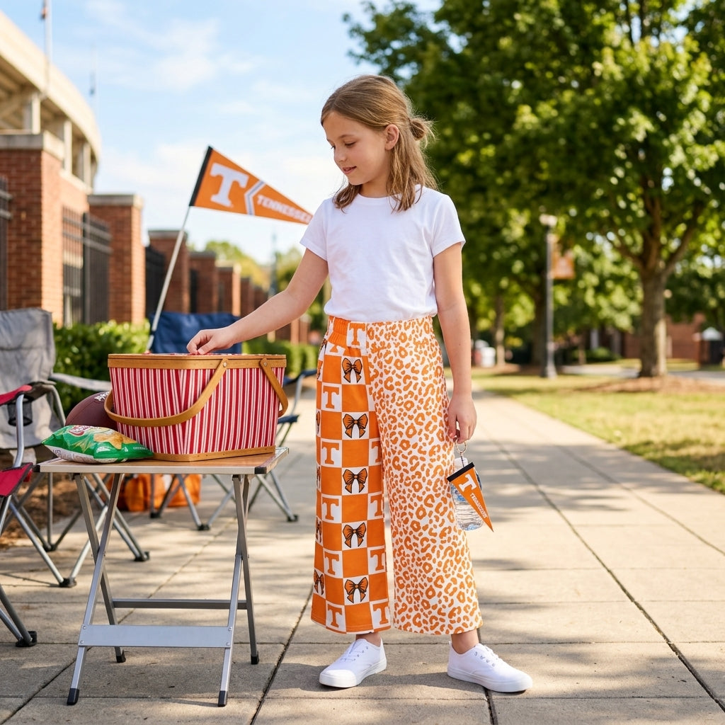 T orange bow plaid leopard kids girls team pants