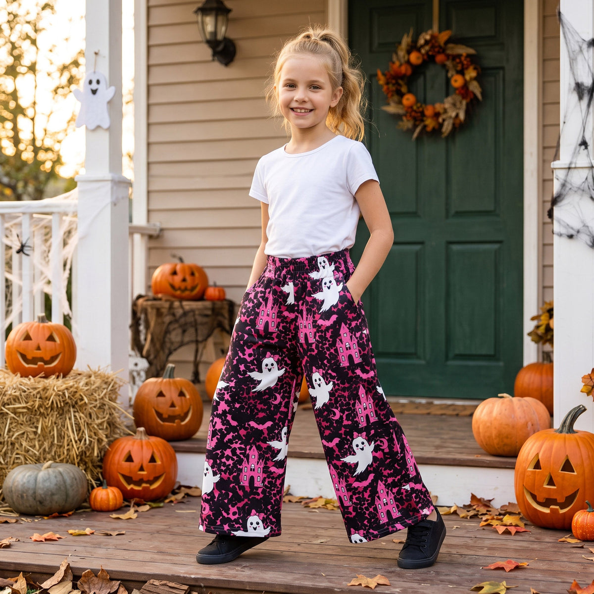 Pink leopard bat ghost kids girls Halloween pants
