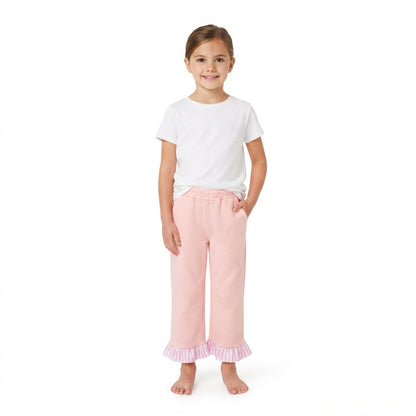 Pink stripe ruffle cotton pockets kids girls pants