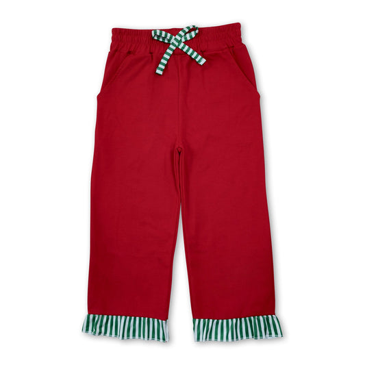 Green stripe ruffle red cotton pockets girls Christmas pants