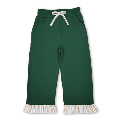 Green cotton khaki stripe ruffle kids girls pants
