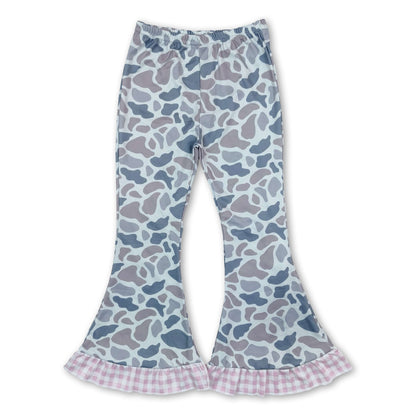 Pink plaid ruffle grey camo kids girls bell bottom pants