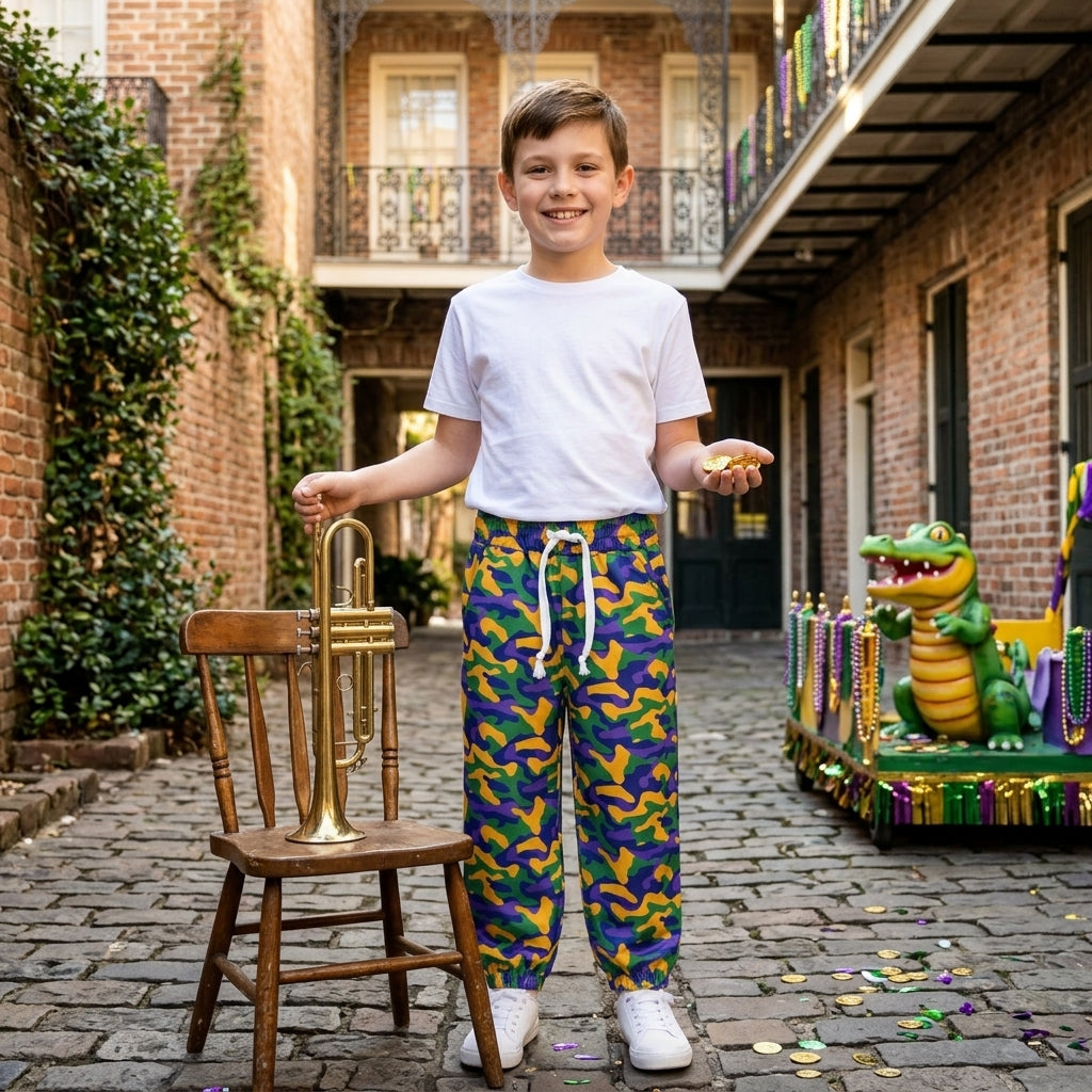 Purple yellow green camo boys Mardi Gras pants