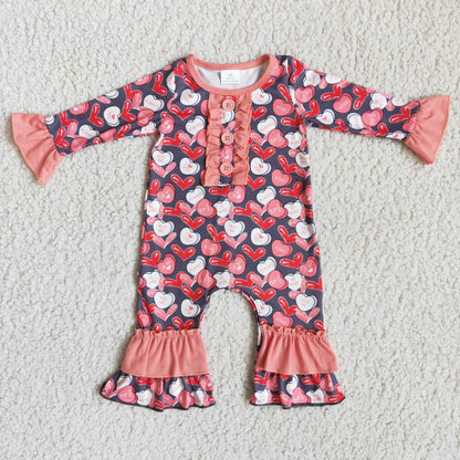 Heart print long sleeve baby girls valentine's romper