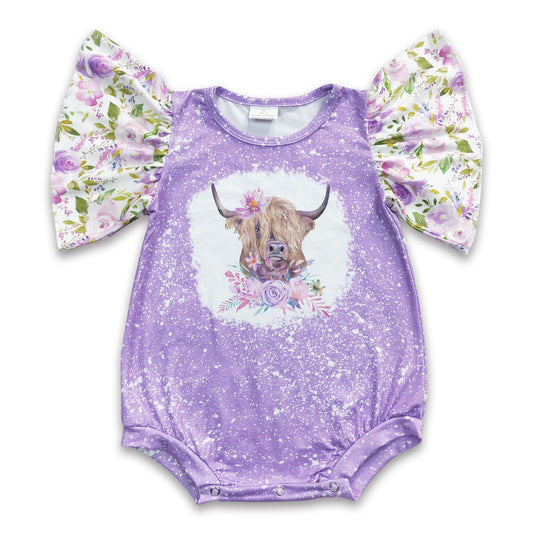 Lavender floral highland cow baby girls western romper
