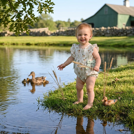 Green plaid bow duck baby girls summer romper