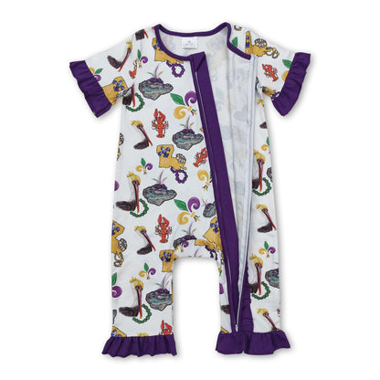 Purple ruffle pelican baby Mardi Gras zipper romper