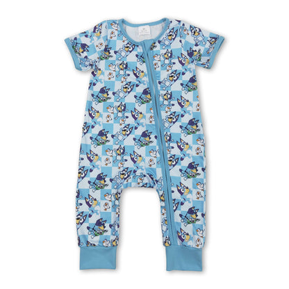 Blue short sleeves plaid dog baby kids zipper romper