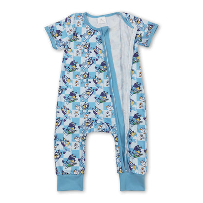 Blue short sleeves plaid dog baby kids zipper romper