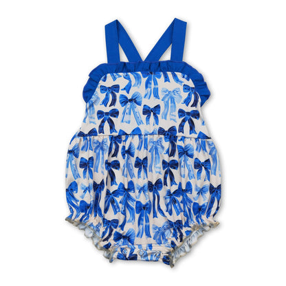 Blue ruffle straps bows baby girls summer romper