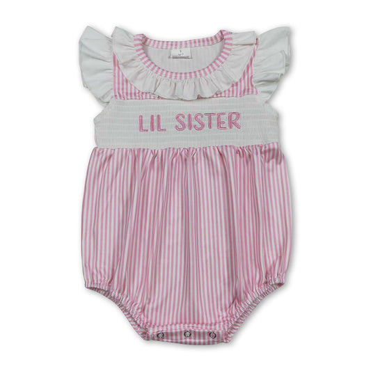 Flutter sleeves LIL SISTER smocked stripe baby romper