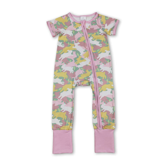 Short sleeves camo rabbit baby girls Easter zipper romper