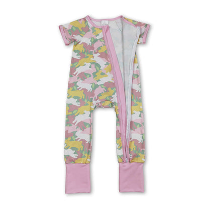Short sleeves camo rabbit baby girls Easter zipper romper