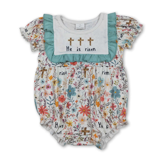 He is risen cross ruffle floral baby girls Easter romper