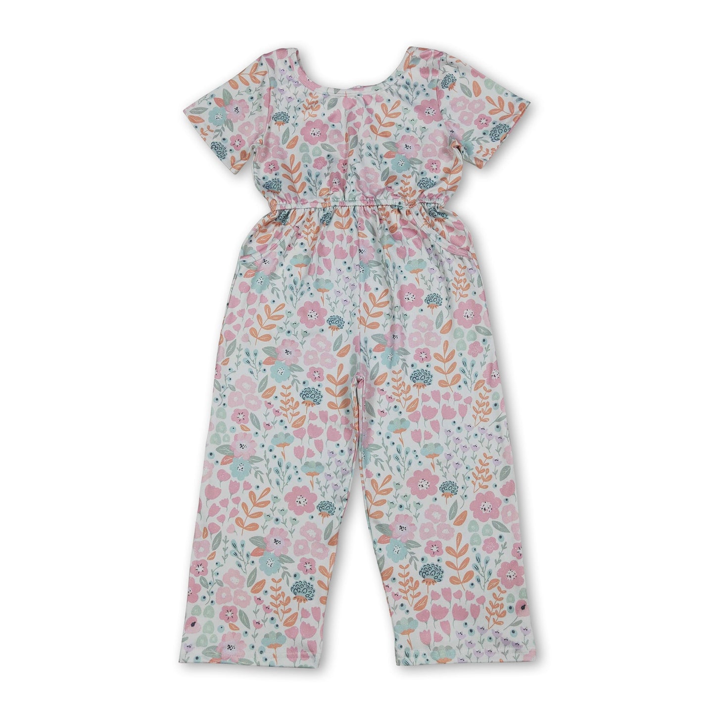 Short sleeves pink floral pockets kids girls jumpsuit