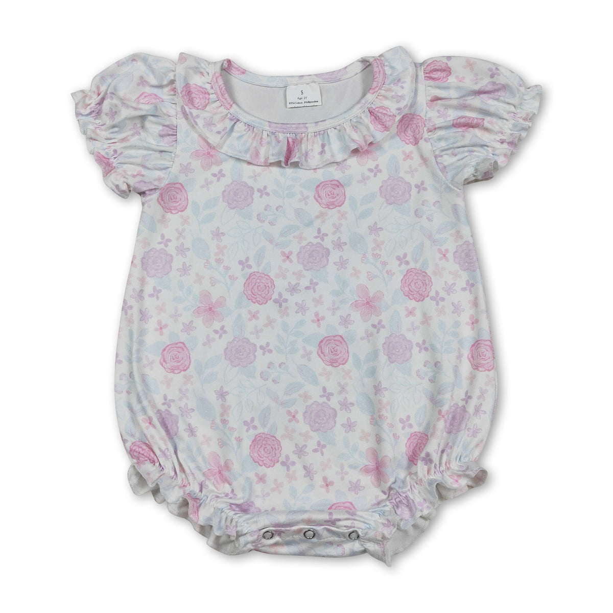 Short sleeves pink lavender floral ruffle baby girl romper