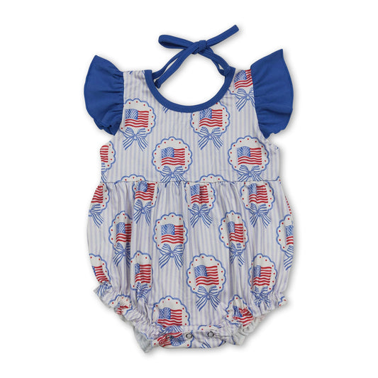 Flutter sleeves bow flag stripe baby girls 4th of july romper