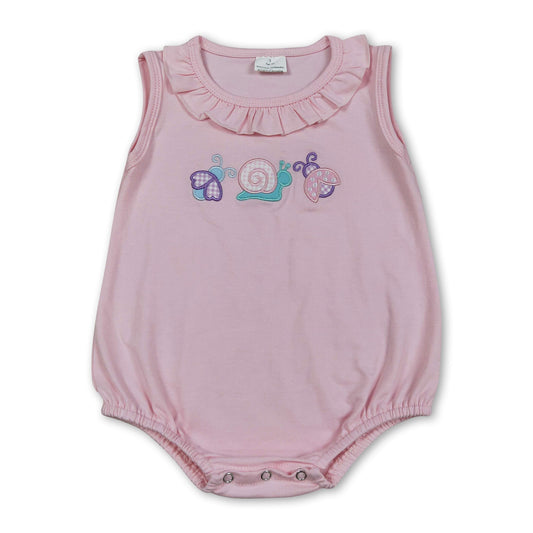 Ruffle sleeveless bee snails embroidery baby girls romper