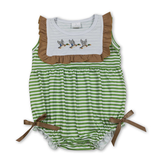 Sleeveless duck embroidery stripe baby girls romper
