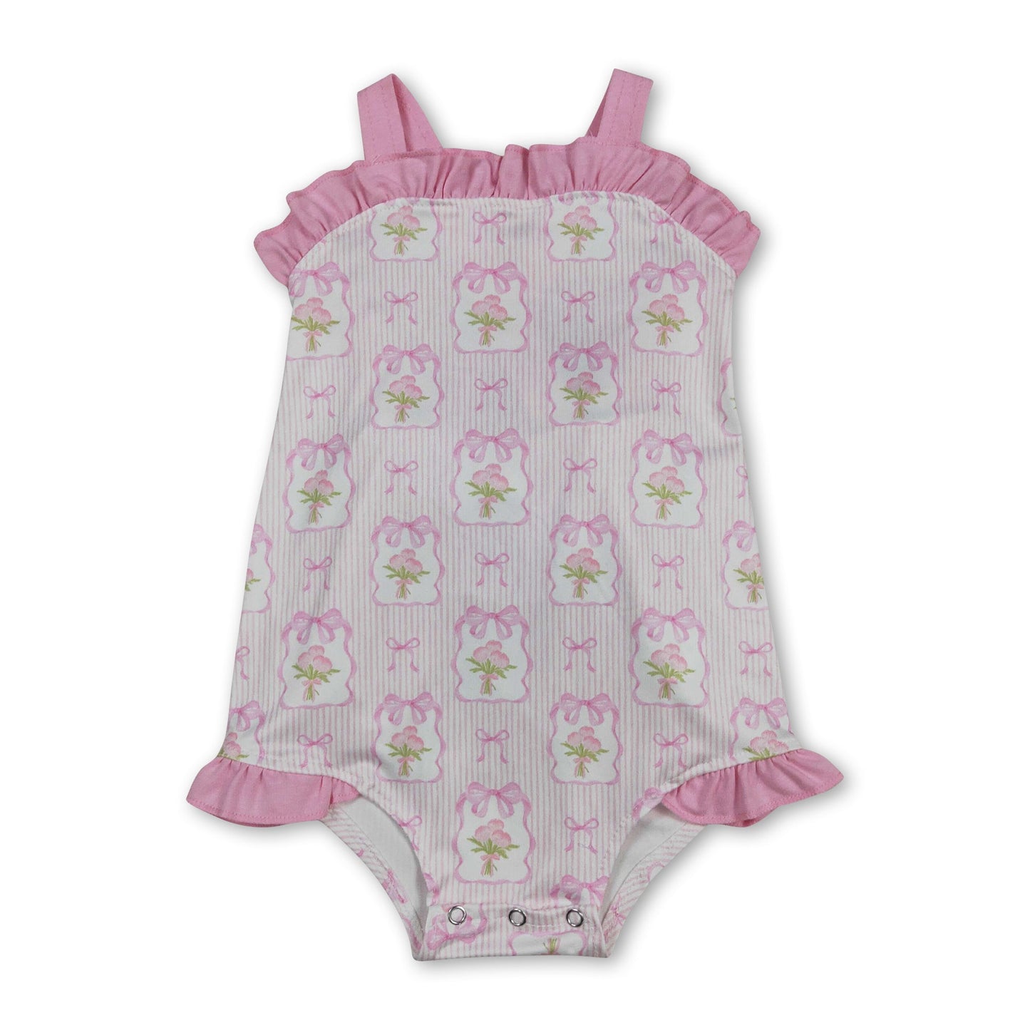 Pink straps stripe bow floral baby girls summer romper