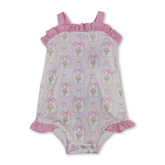 Pink straps stripe bow floral baby girls summer romper