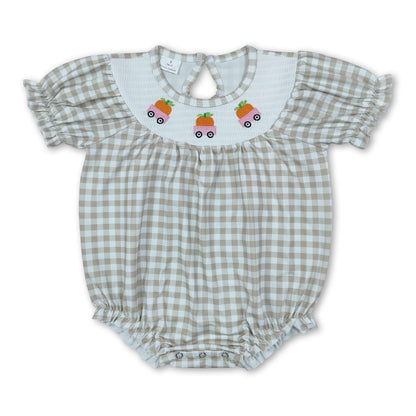 Short sleeves plaid pumpkin smocked girl fall romper