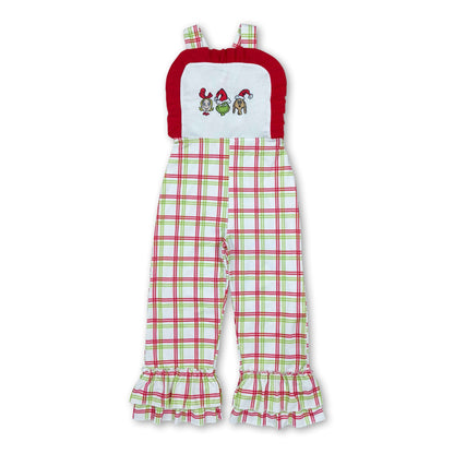 Straps ruffle green face plaid girls Christmas overalls