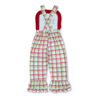 Straps ruffle green face plaid girls Christmas overalls