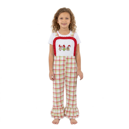 Straps ruffle green face plaid girls Christmas overalls
