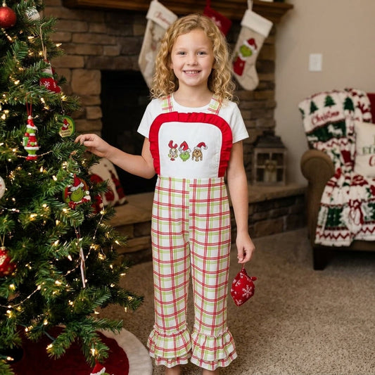 Straps ruffle green face plaid girls Christmas overalls