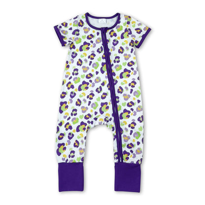 Short sleeves purple leopard girls Mardi Gras zipper romper