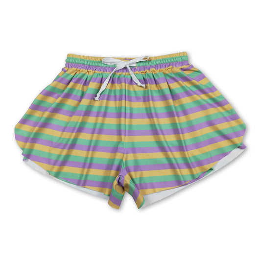Purple green yellow stripe women Mardi Gras active shorts