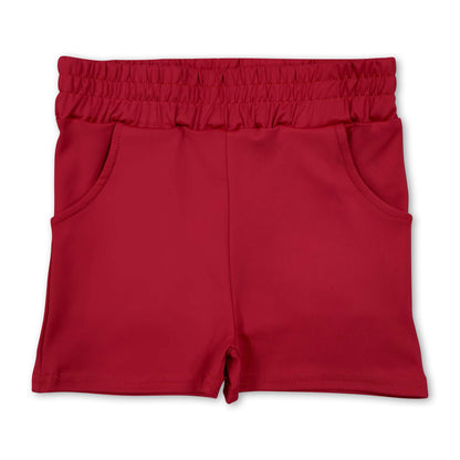 High waist red pockets kids girls tight active shorts