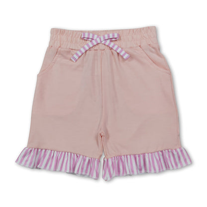 Pink stripe ruffle cotton pockets kids girls shorts